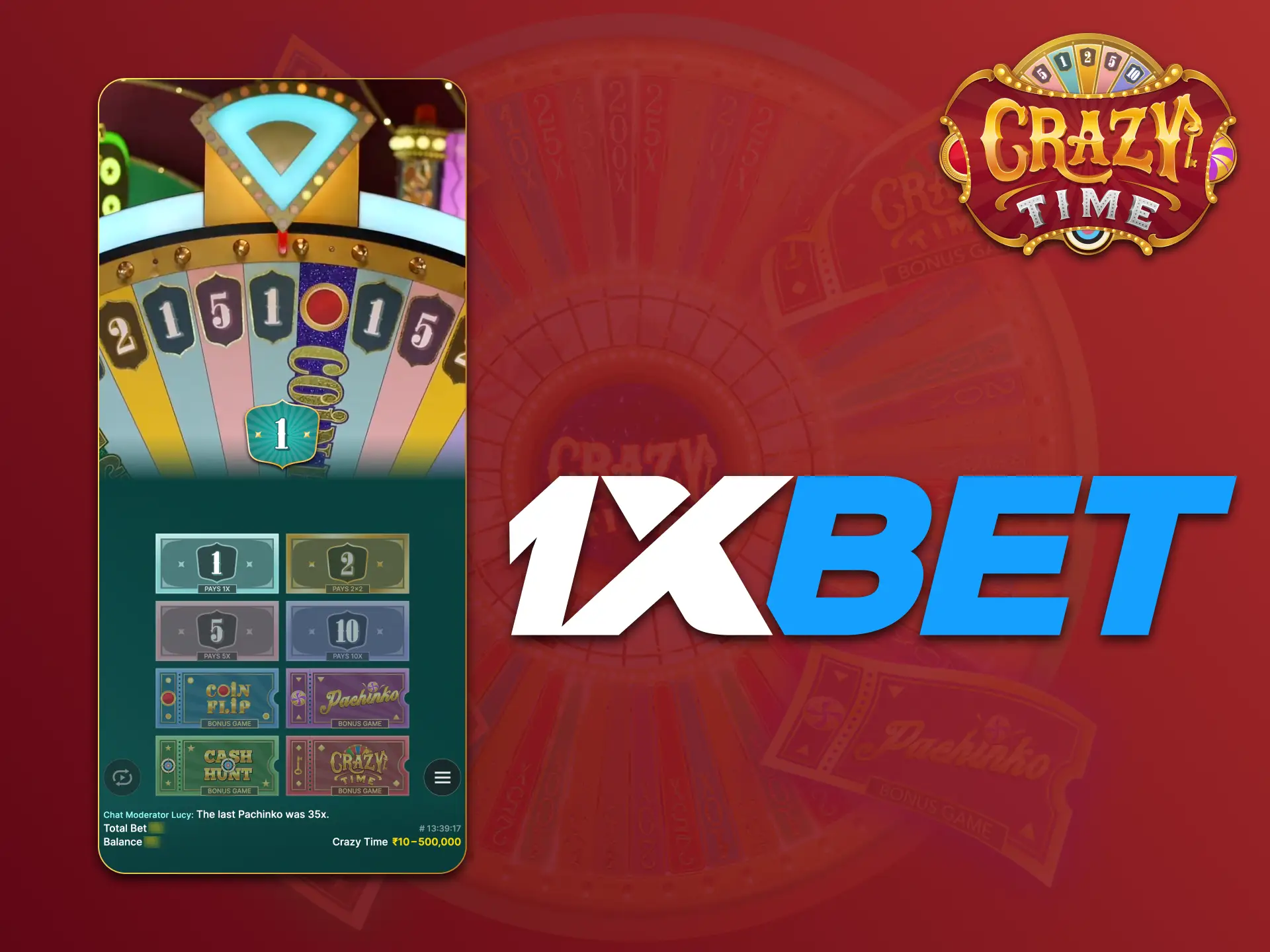 1xBet app is available for playing Crazy Time.
