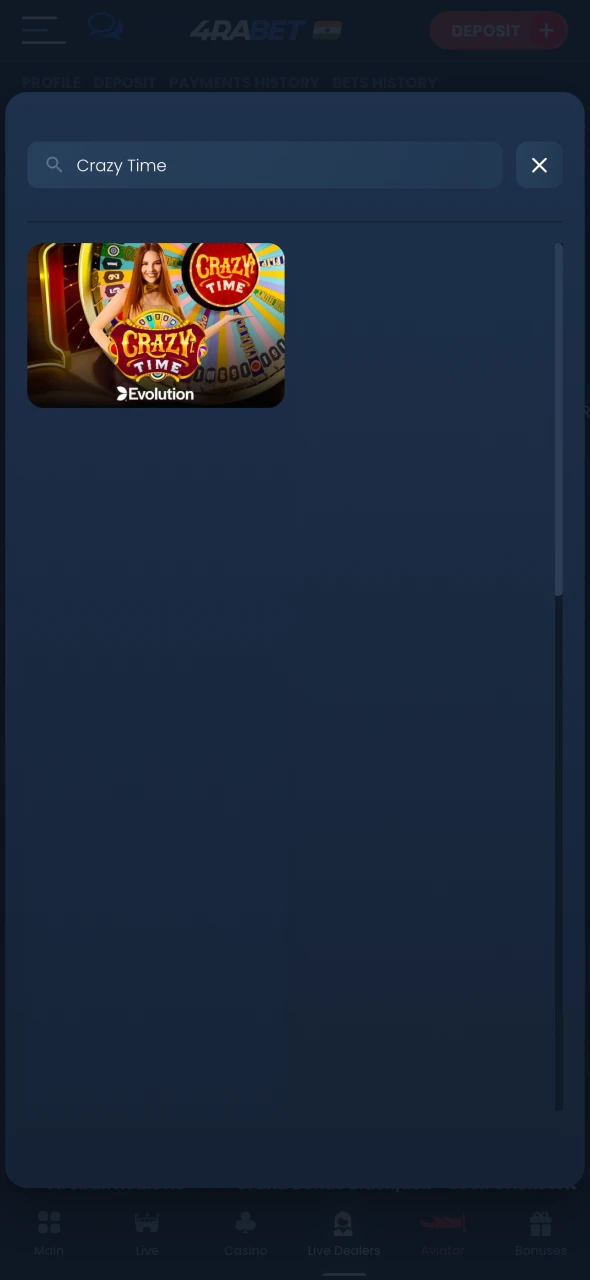 Search for the Crazy Time game in casino section.
