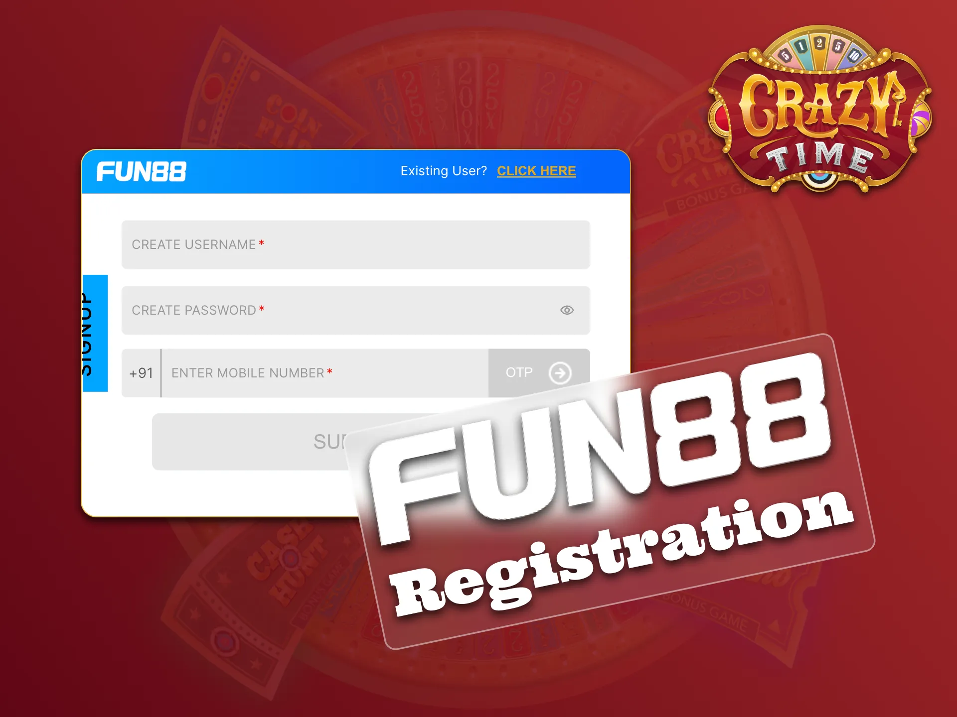 Fun88 casino registration is required for Crazy Time game.