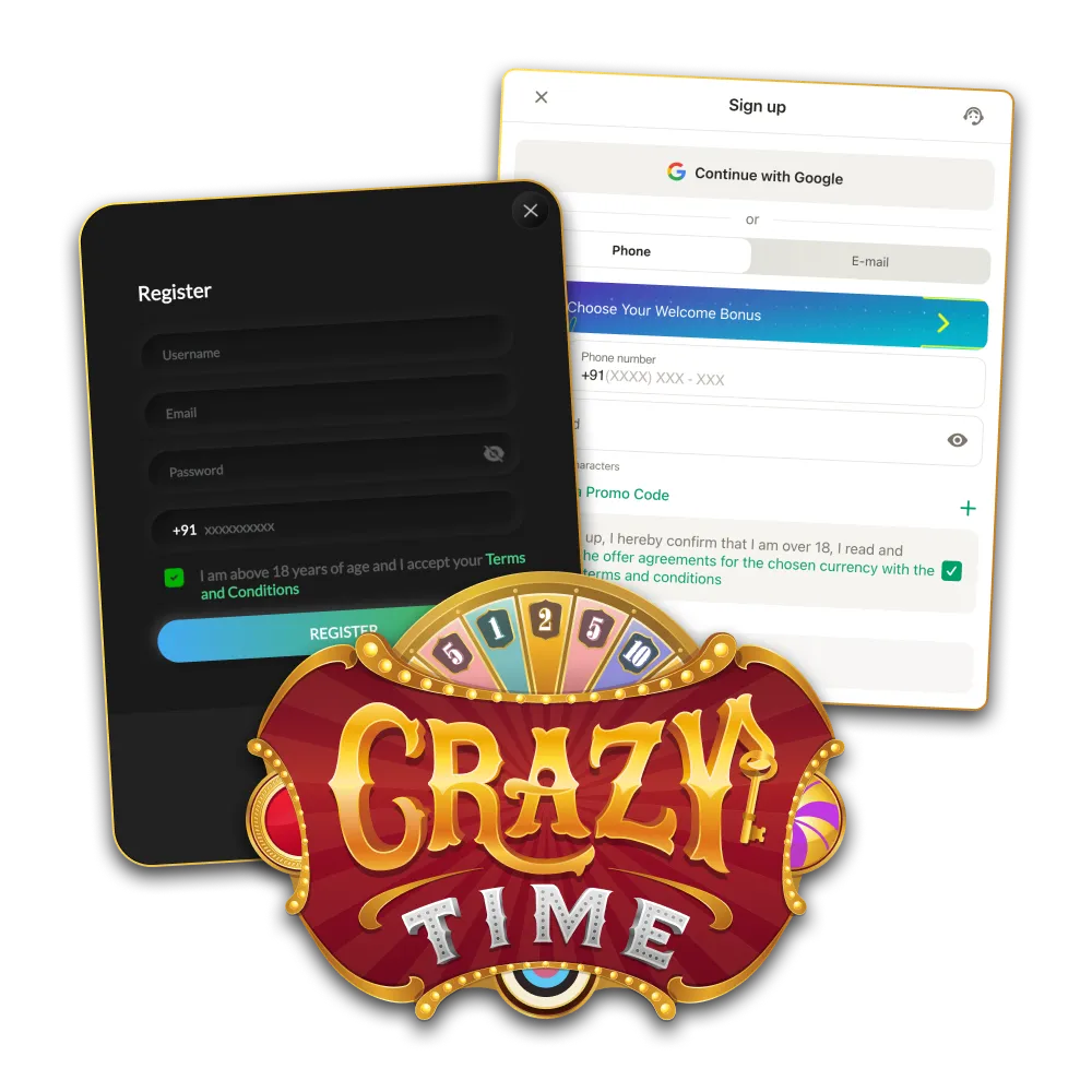 Register with the online casino to play Crazy Time.
