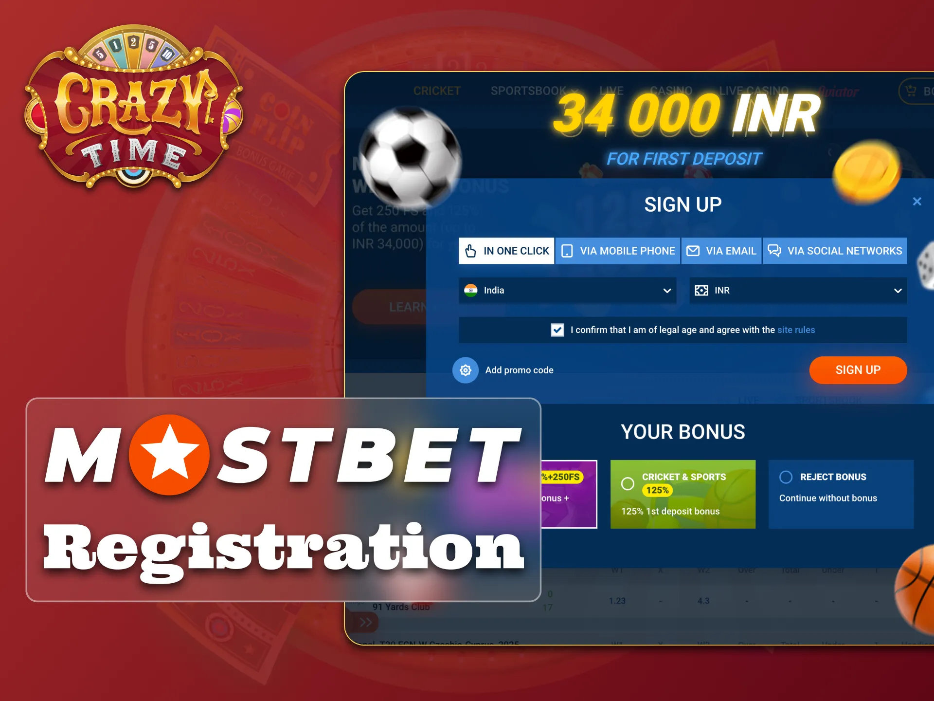 Sign up at Mostbet platform and start playing Crazy Time.