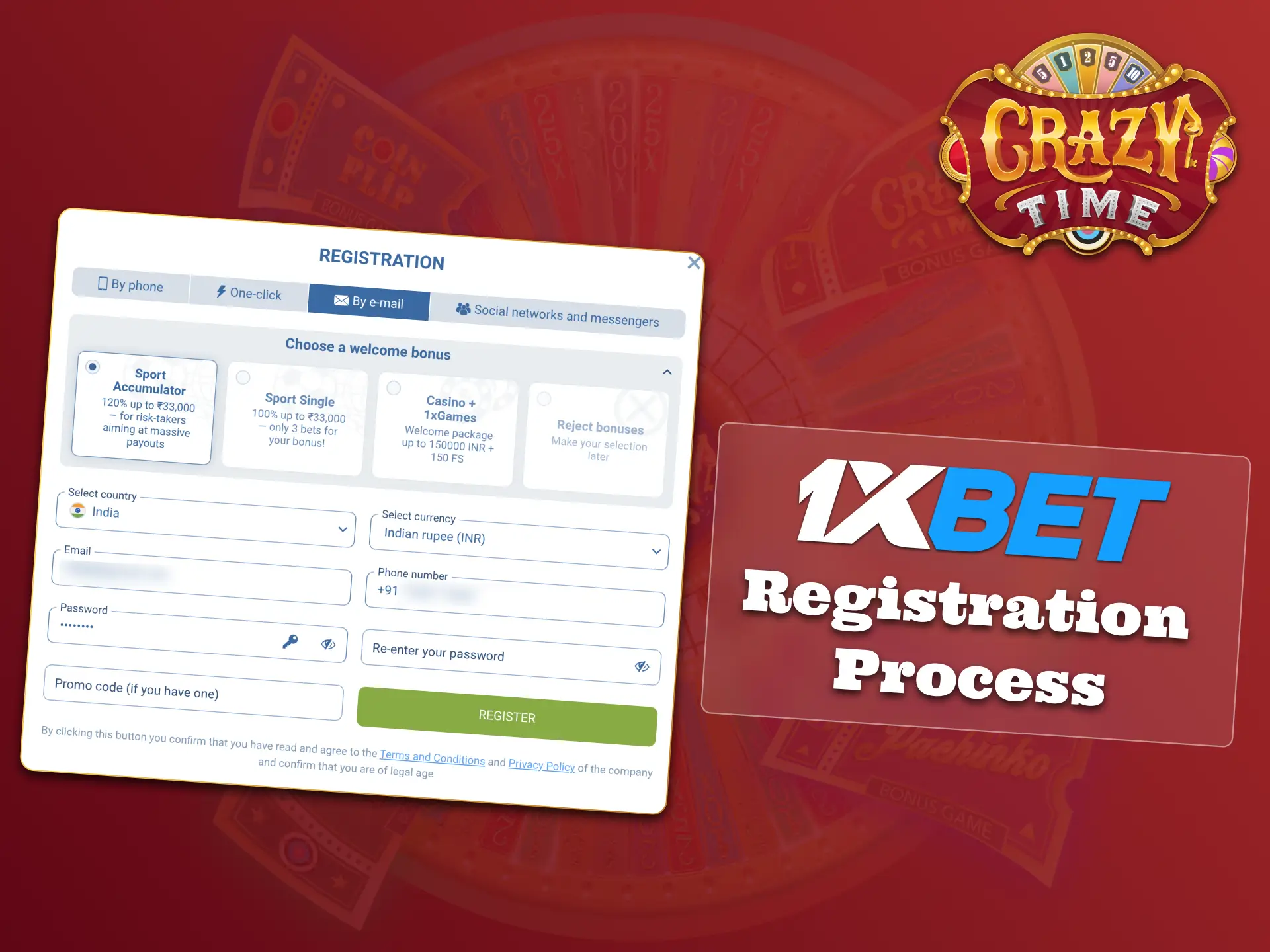 Create your 1xBet account, claim Crazy Time bonus.
