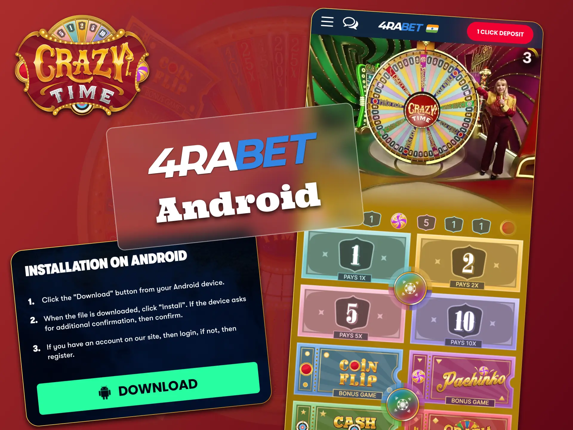 Play Crazy Time on the go, download 4Rabet.
