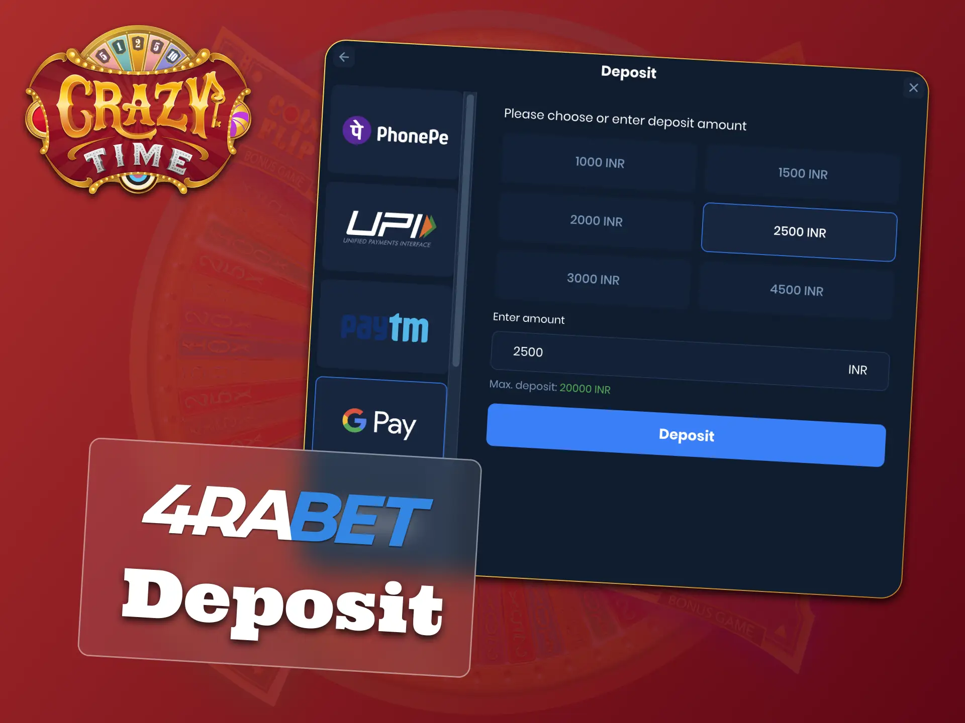 Top up your 4Rabet account, play Crazy Time now.