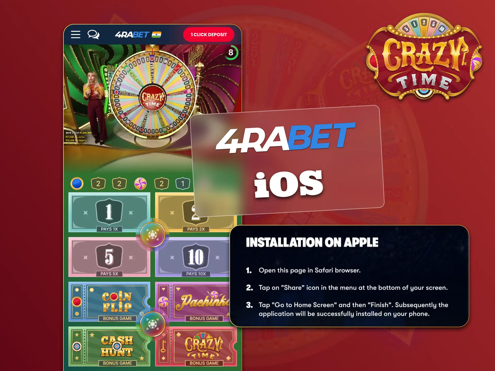 4Rabet iOS PWA ready, start Crazy Time now.