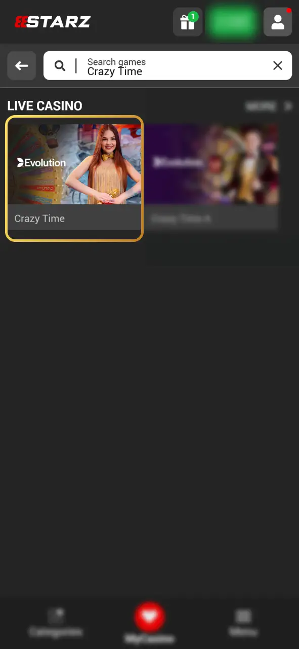Find Crazy Time at 888Starz live casino by Evolution.
