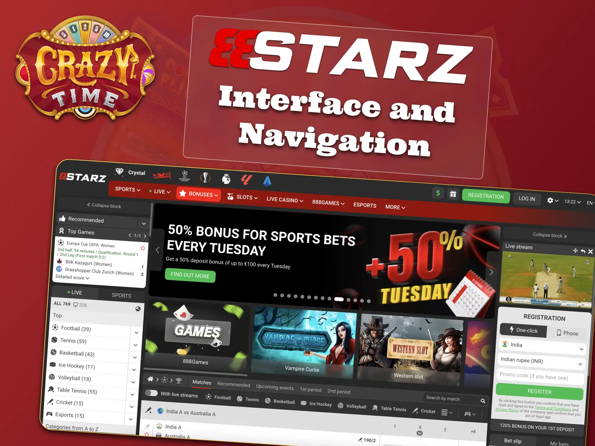 Access Crazy Time and promotions easily on 888Starz website.