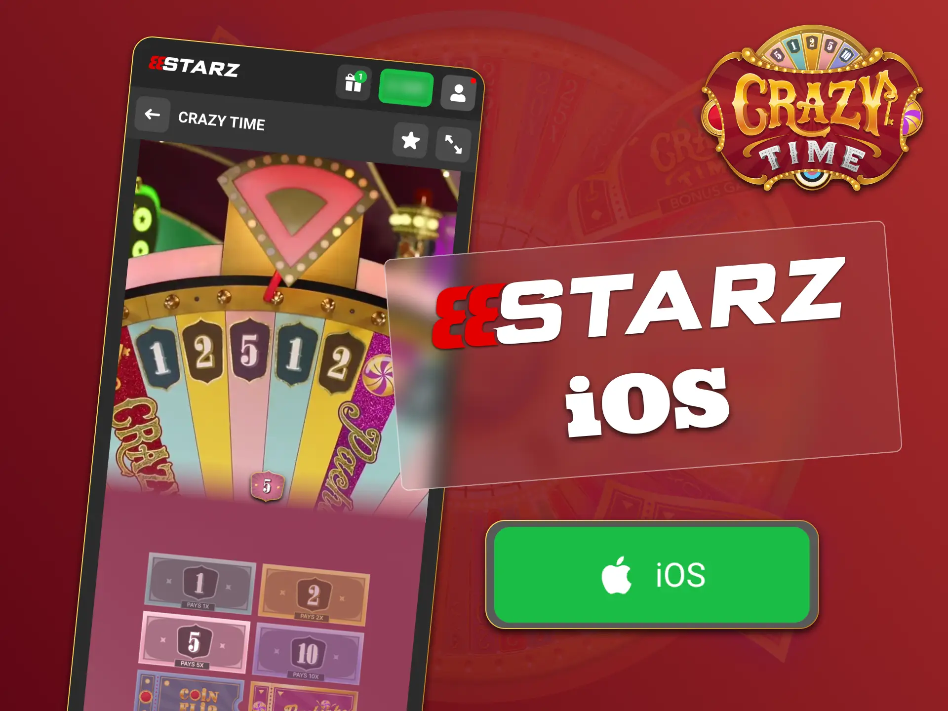 Download the 888Starz iOS app from the App Store and play Crazy Time on your iPhone or iPad.