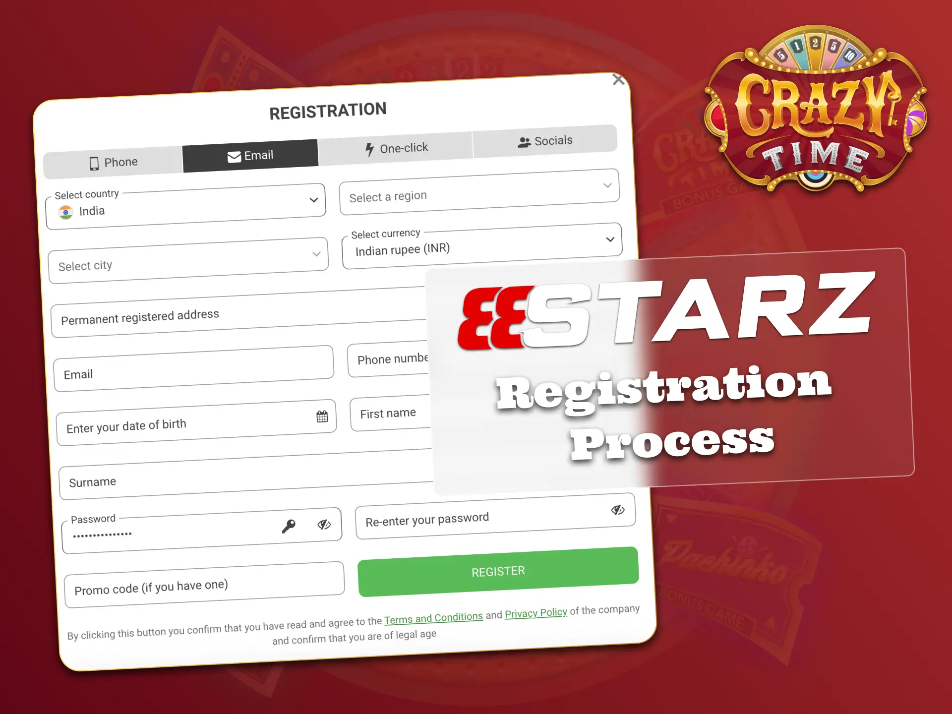 Join 888Starz and access Crazy Time with a few clicks.