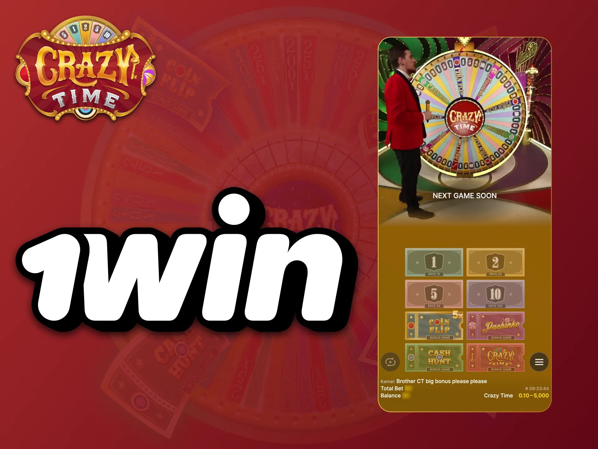 1Win application offers instant playing of Crazy Time.