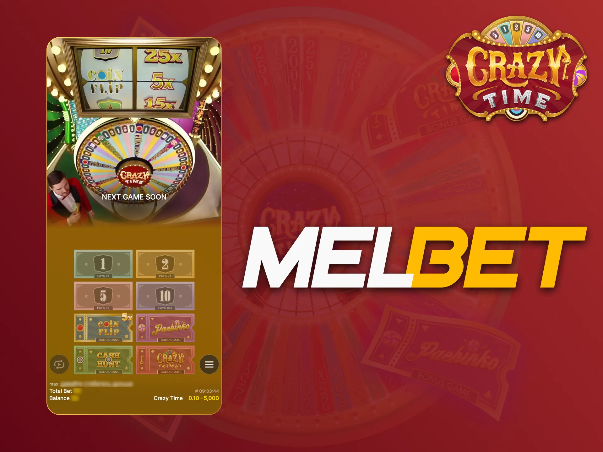 Download Melbet app and find Crazy Time casino game.