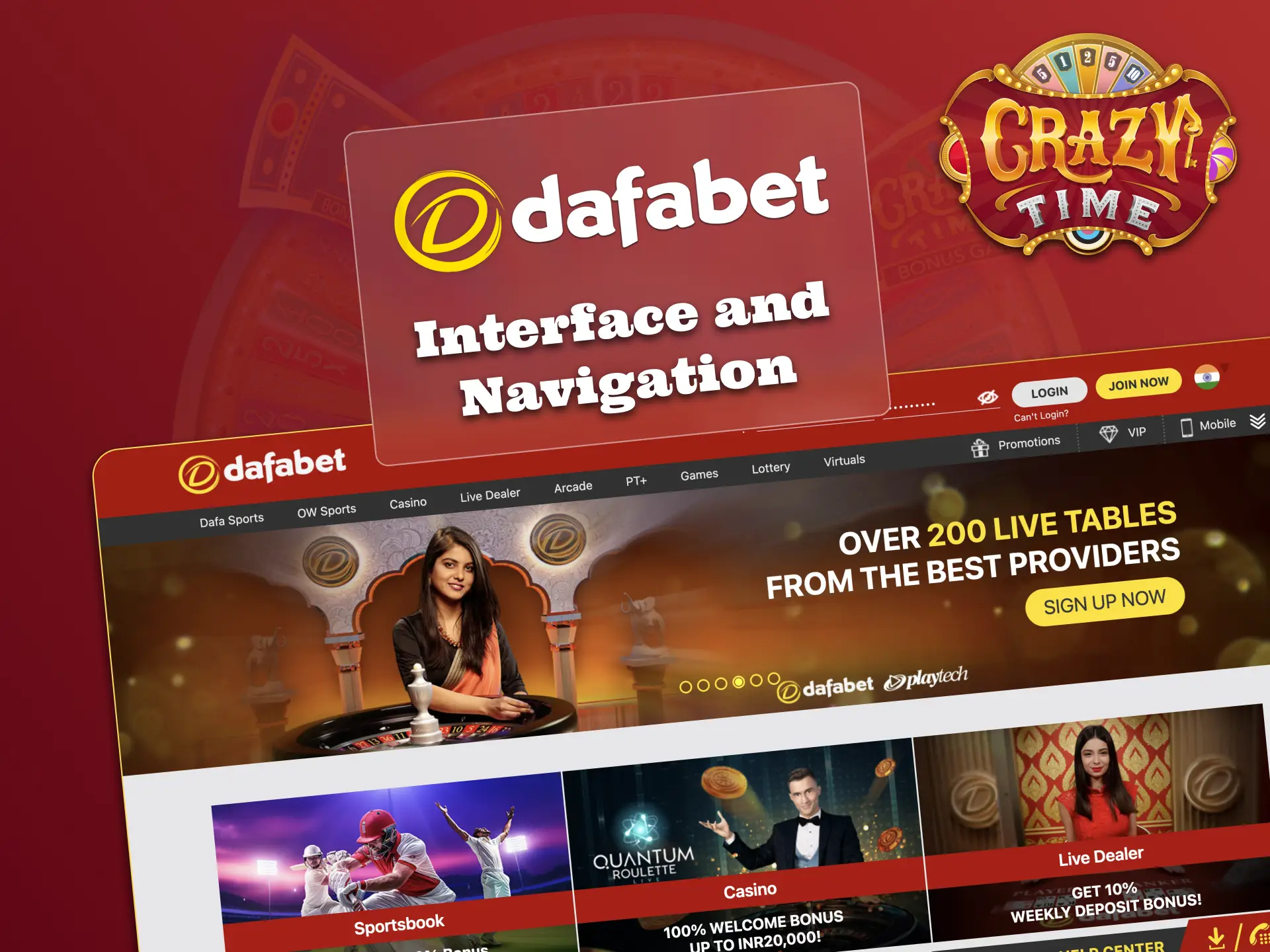 Find Crazy Time quickly on Dafabet with a clear red and gold interface.