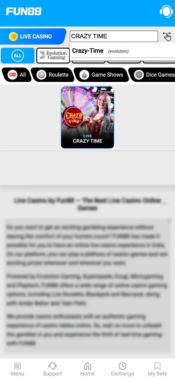Open Crazy Time at Fun88 live casino by Evolution.