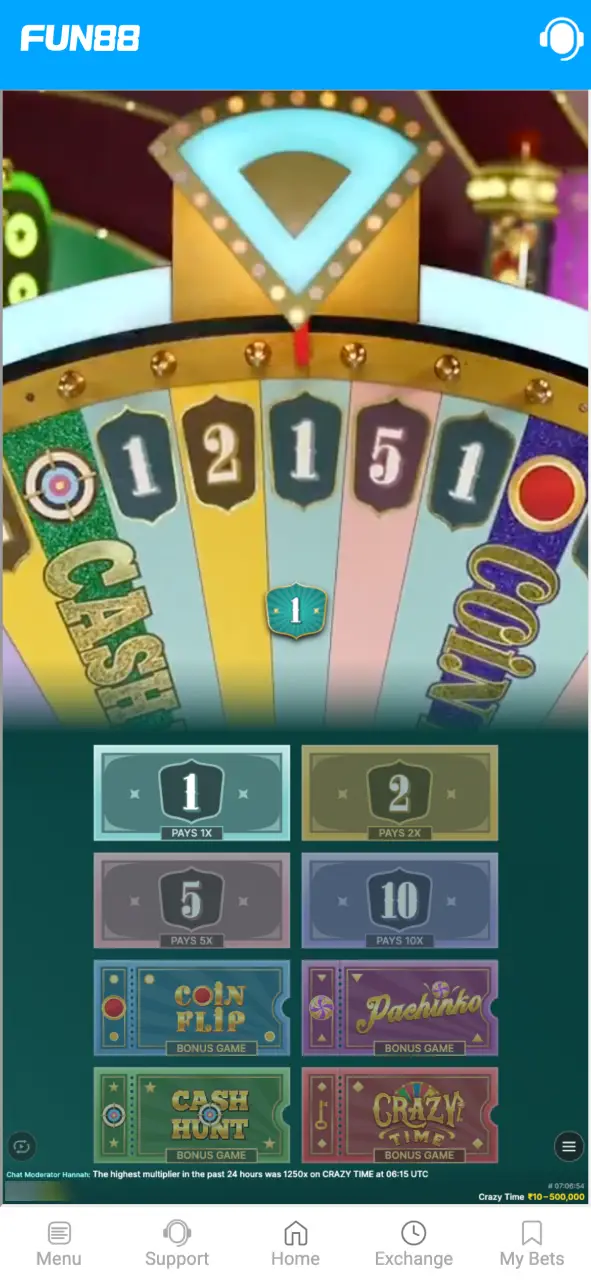 Win big in Crazy Time at Fun88 by placing bets.