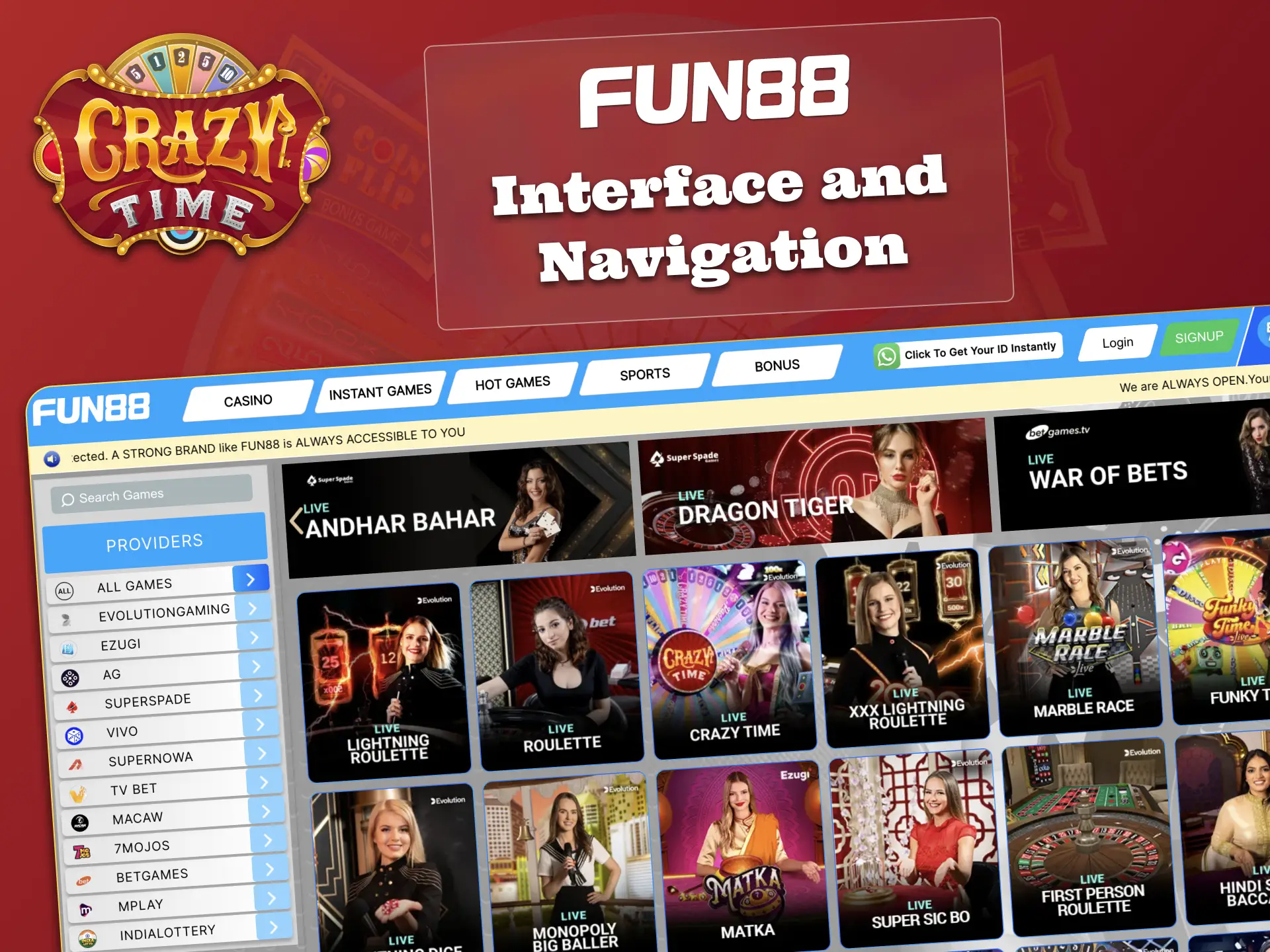Fun88 interface makes finding Crazy Time simple and fast.