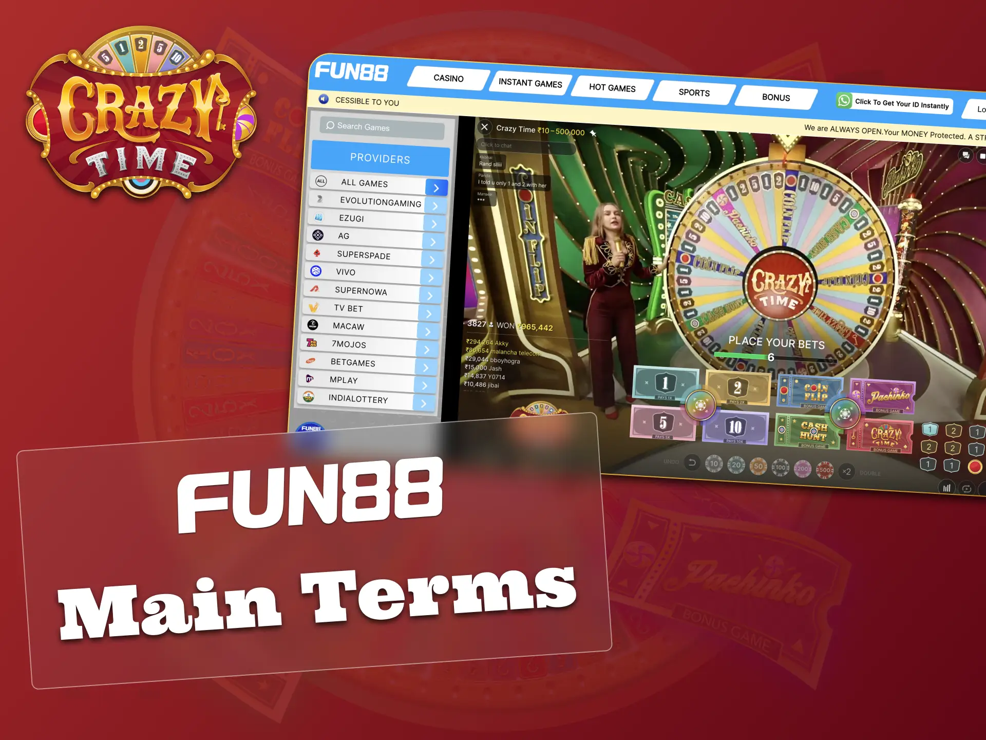 Fun88 protects Crazy Time players with account verification and wagering rules.