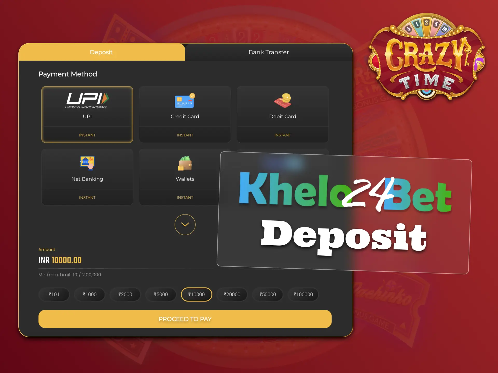 Use multiple payment methods at Khelo24bet to deposit and play Crazy Time.