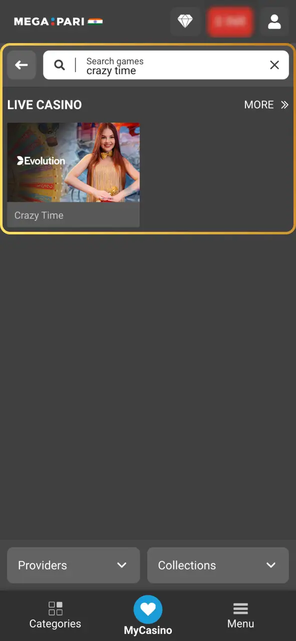 Search Crazy Time on Megapari and start playing.