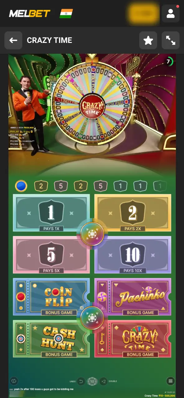 Place your bets on Crazy Time live at Melbet.