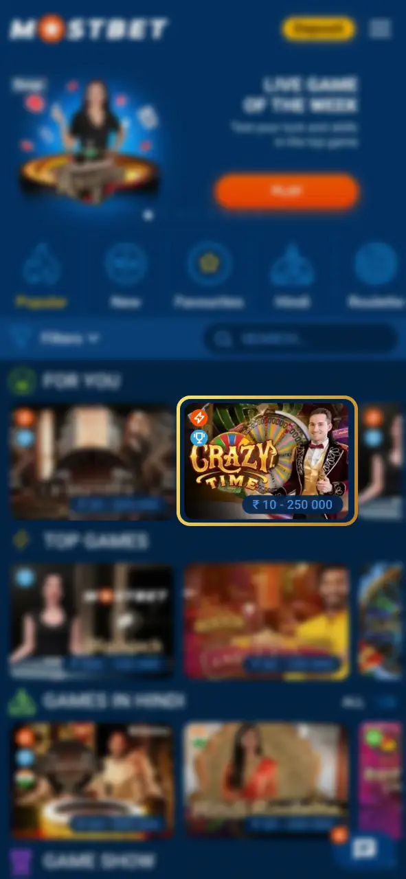 Find Crazy Time at Mostbet live casino by Evolution.