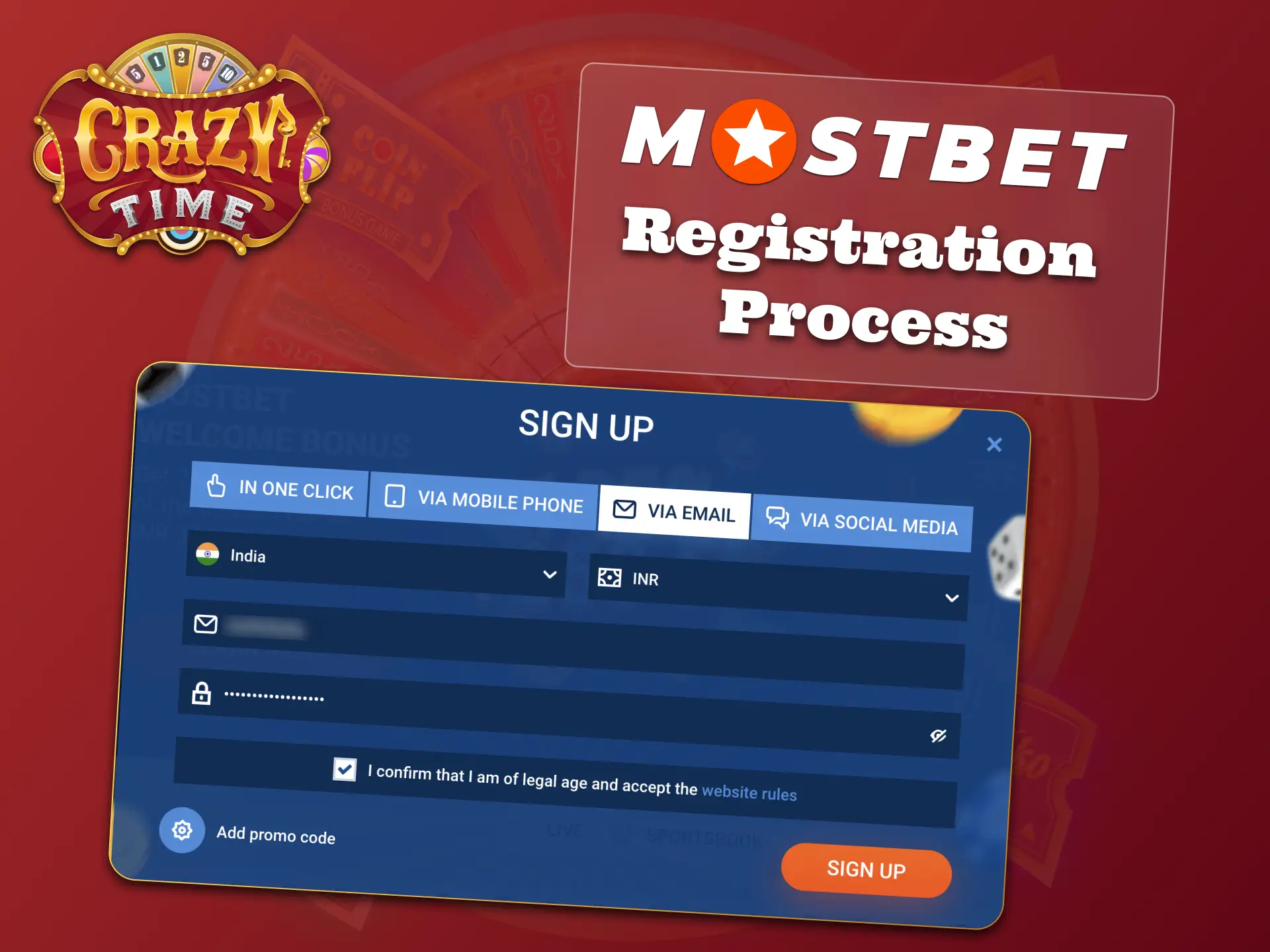 Register via email or phone and start Crazy Time.