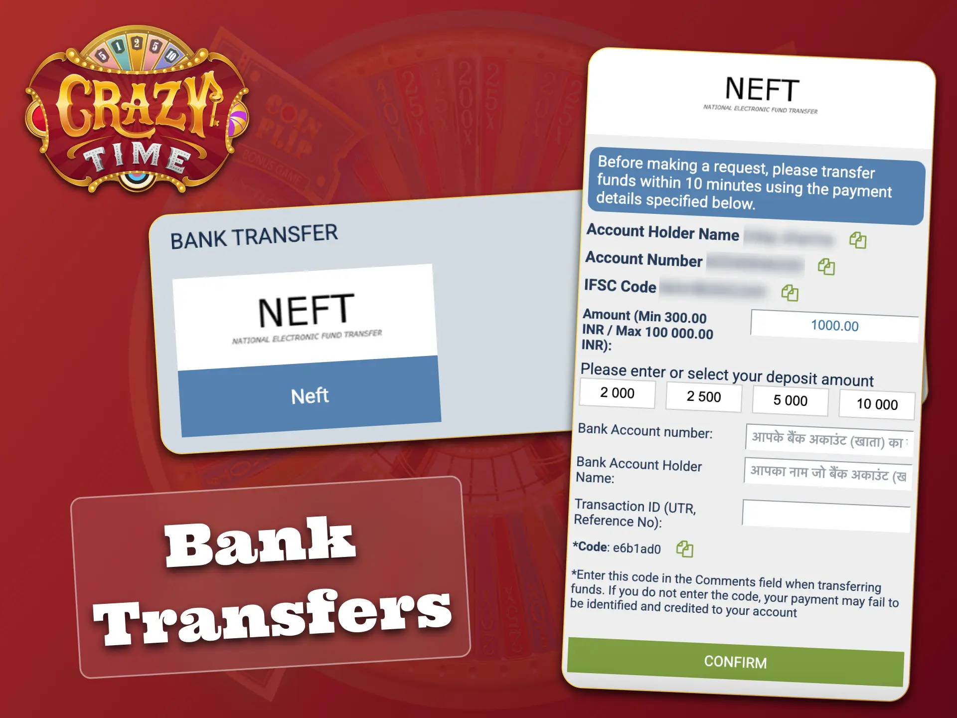 Use bank transfers to deposit safely and play Crazy Time.