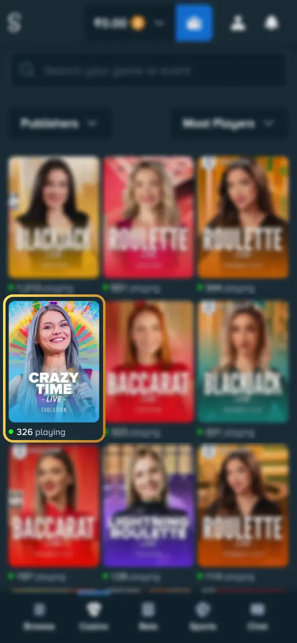 Search Crazy Time on Stake and start playing.