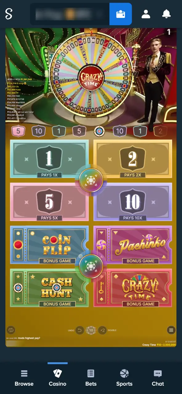 Enjoy exciting Crazy Time gameplay on Stake.