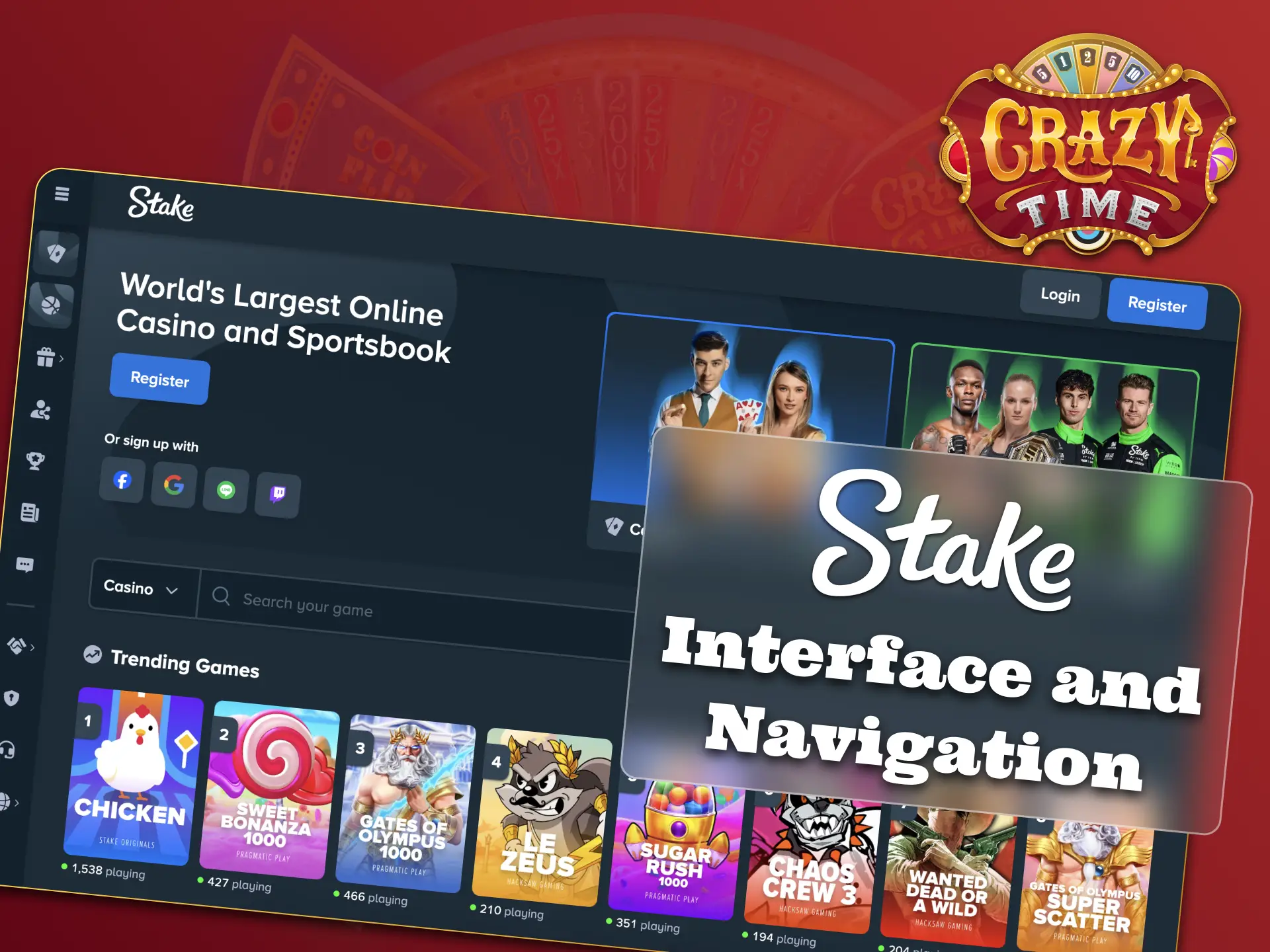 Play Crazy Time at Stake, use smooth and easy controls.